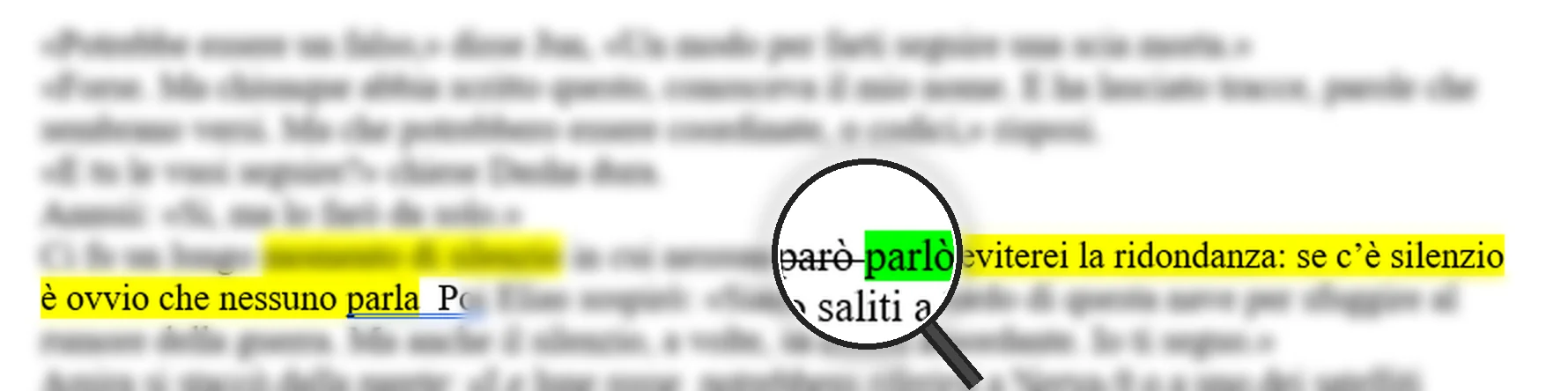 Una pagina di un romanzo in lavorazione: il testo è sfocato, si vedono la correzione di un refuso ingrandita da una lente e una nota di editing a fianco.